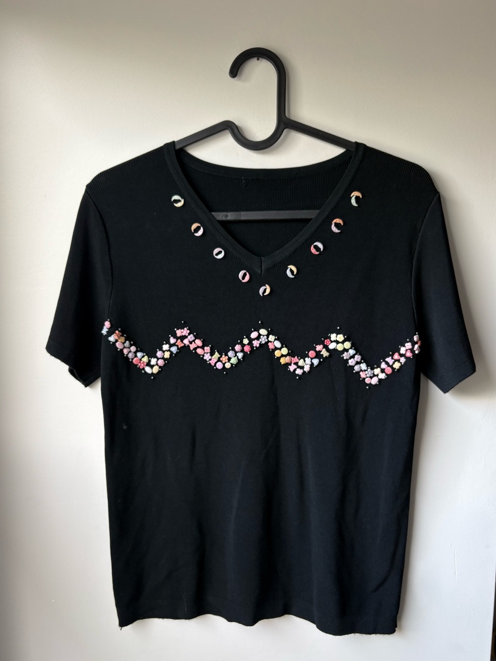 Vintage 90s Black V-Neck Top With  Beaded Details